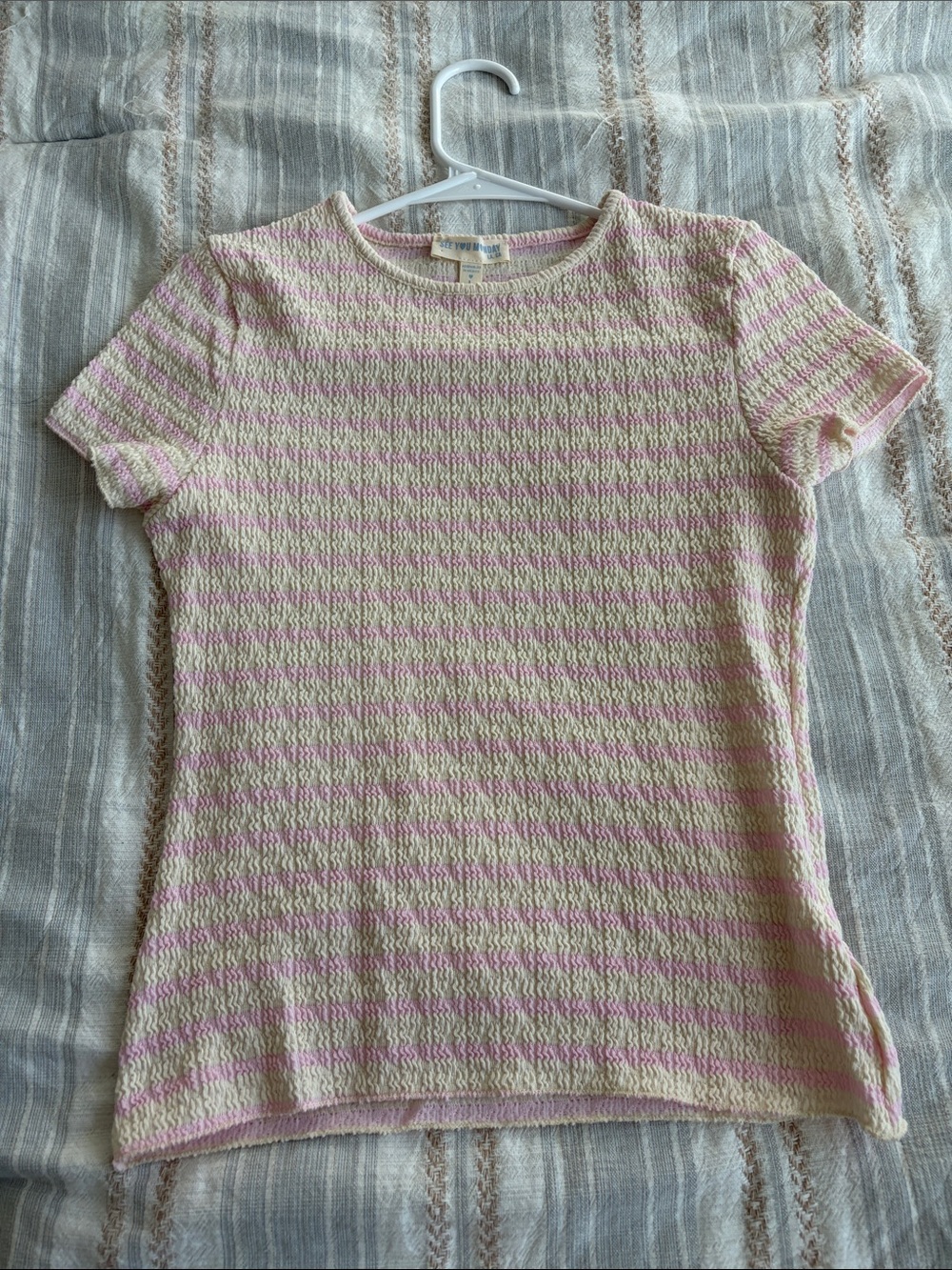 See You Monday Pink and Cream Striped Textured Short Sleeve Top